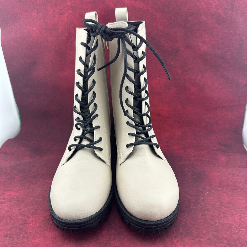 SHELN COMBAT BOOTS LUG SOLE IVORY, MID-CALF, LACE-UP, ZIPPER, BLOCK HEEL, SIZE 9